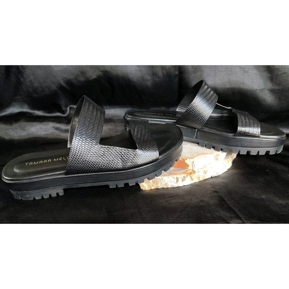 Tamara Mellon Roam Sandal Size 37 / 7 US Black Lizard Double Strap Lug Sole